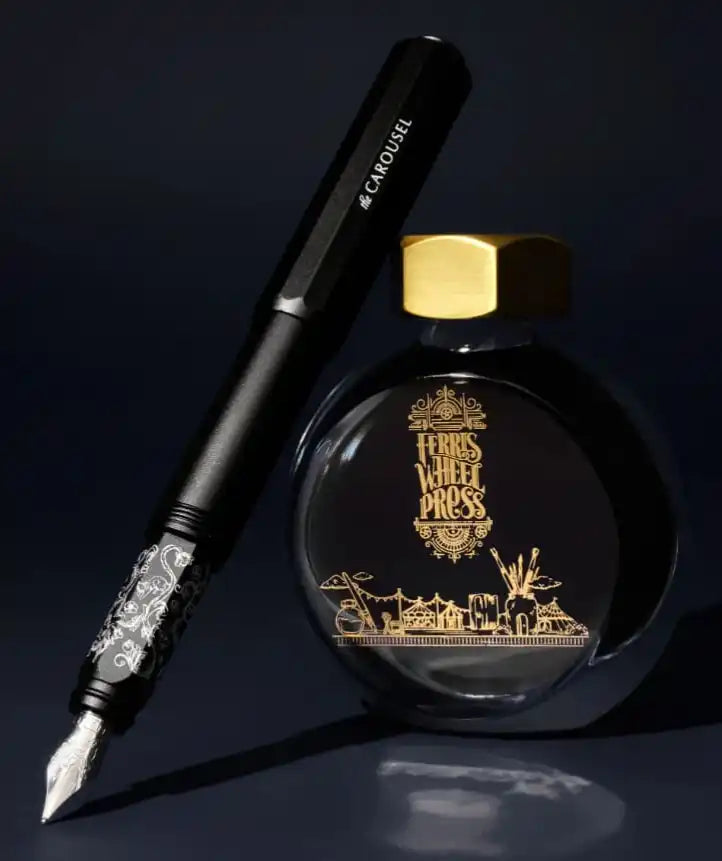 Black fountain pen and ink bottle.