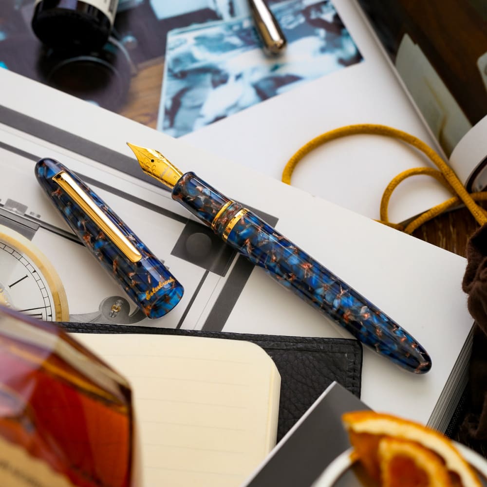 Estie Oversize Nouveau Blue Gold Trim - Custom Scribe Nib