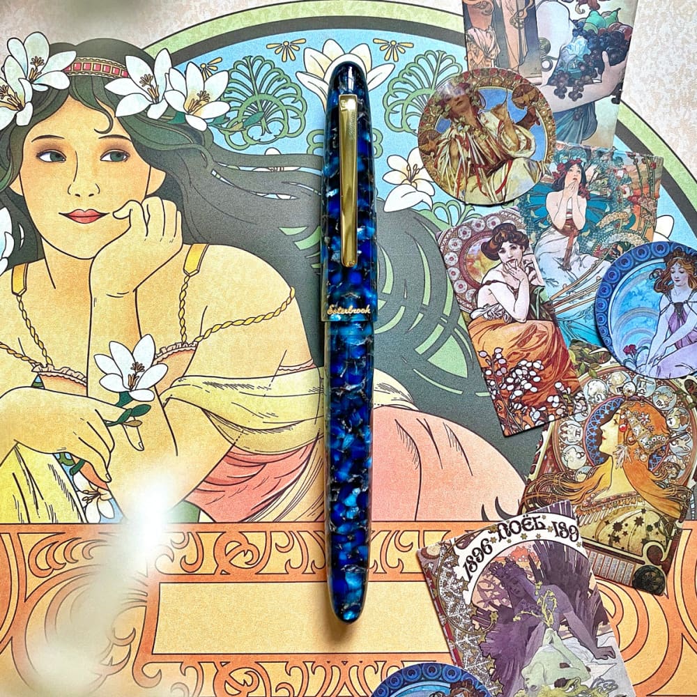 Estie Oversize Nouveau Blue Gold Trim - Custom Scribe Nib