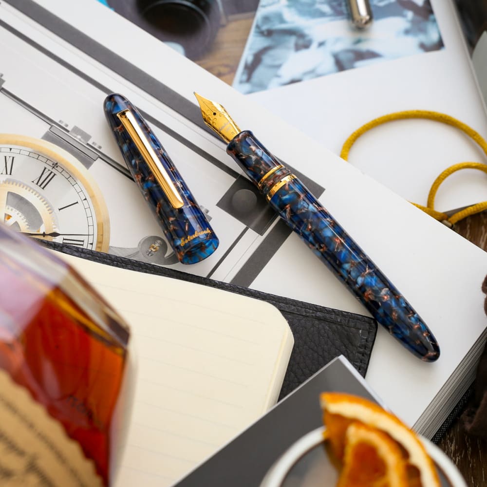 Estie Oversize Nouveau Blue Gold Trim - Custom Scribe Nib