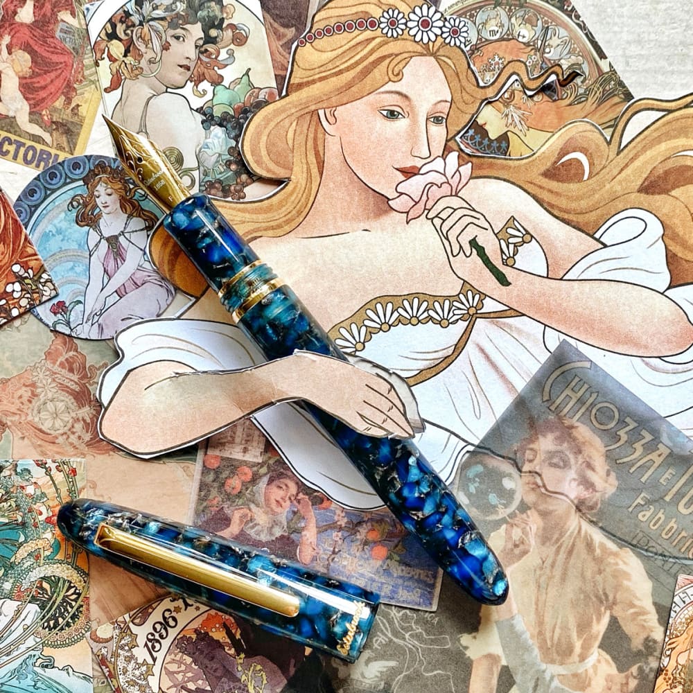 Estie Oversize Nouveau Blue Gold Trim - Custom Scribe Nib