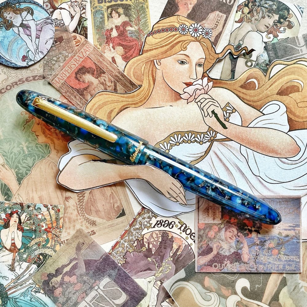 Estie Oversize Nouveau Blue Gold Trim - Custom Scribe Nib