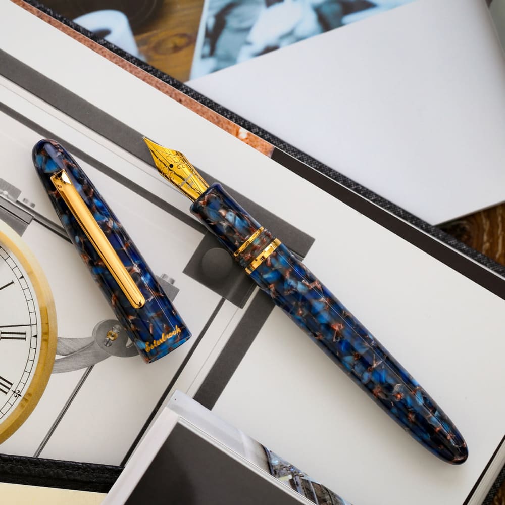 Estie Oversize Nouveau Blue Gold Trim - Custom Scribe Nib