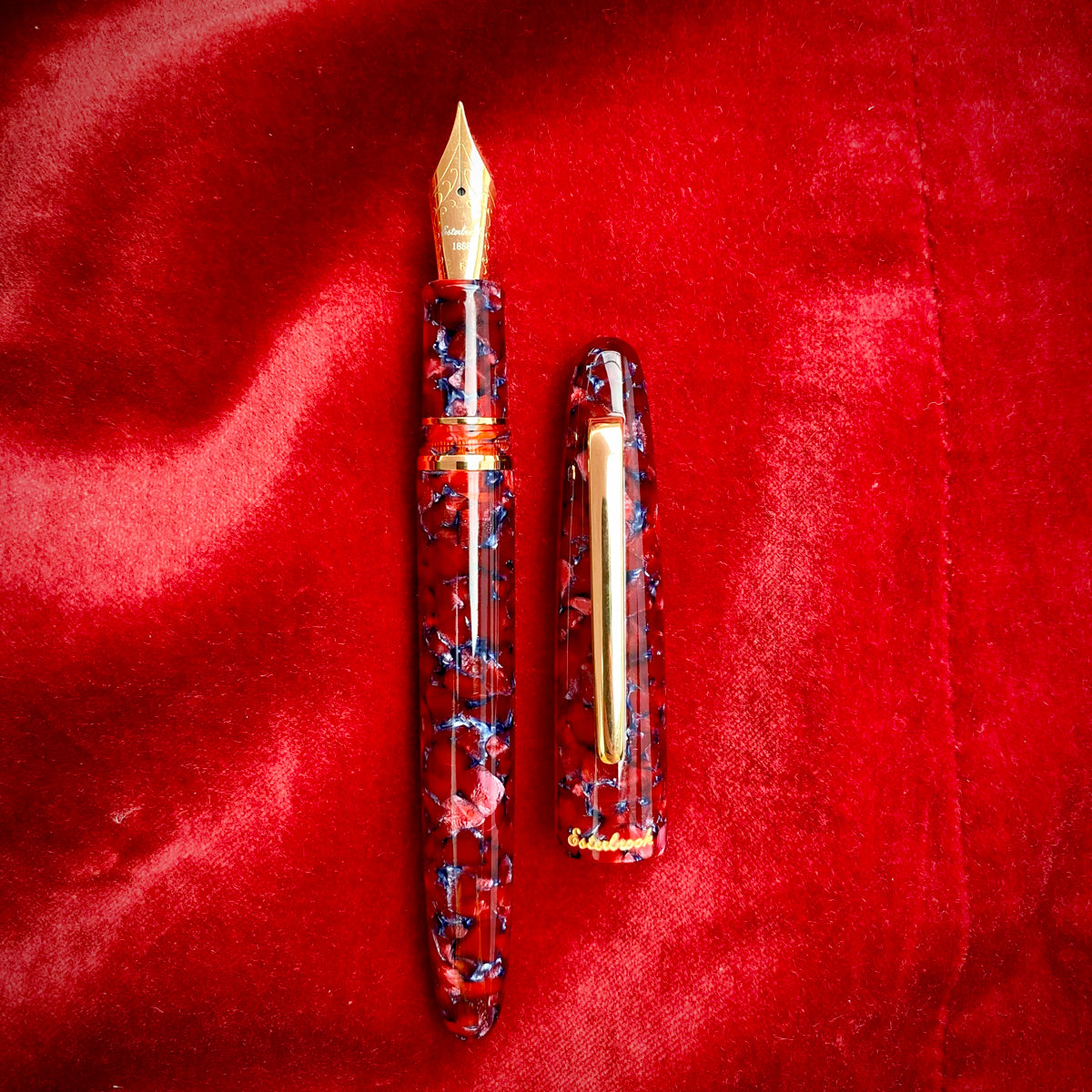 Estie Oversize Scarlet Gold Trim Fountain Pen - Custom Scribe Nib